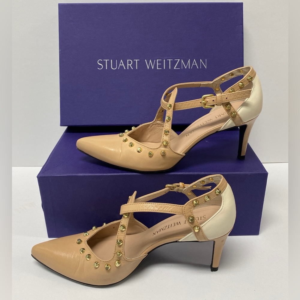 Stuart Weitzman Meteor Studded Leather Cream/Beige 3 Inch Heels TW62982 Size M6